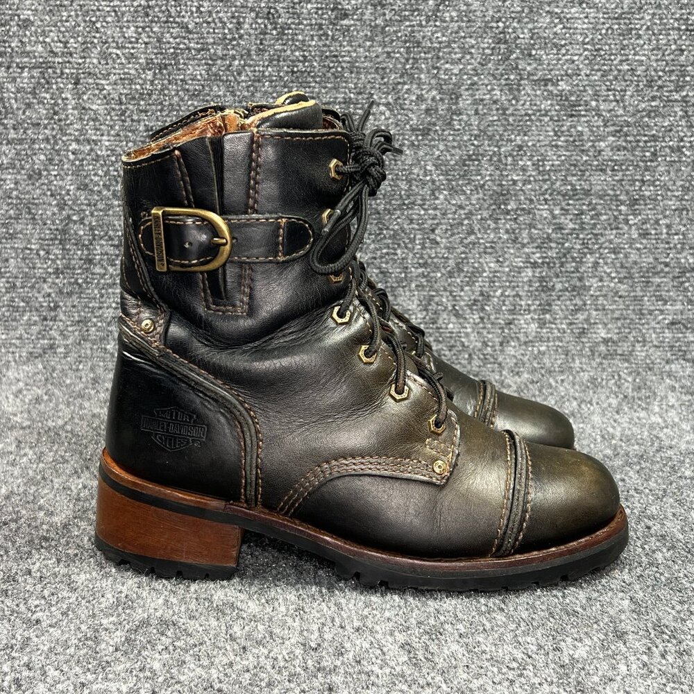 Harley Davidson Motorcycle Boots Women's Size 6 Black Leather Lace Up Zip Buckle